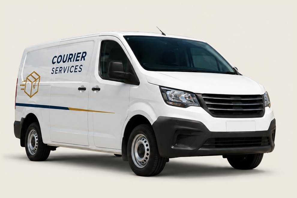 White courier delivery van, side and front view
