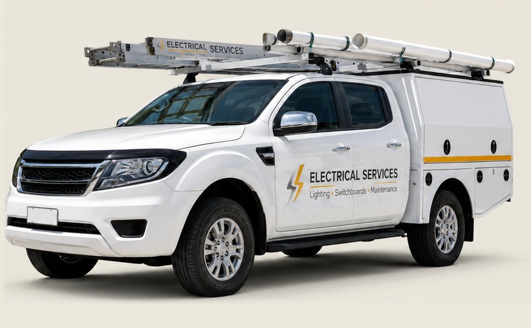 White dual-cab electrician's ute with service body and roof rack carrying ladders and conduit
