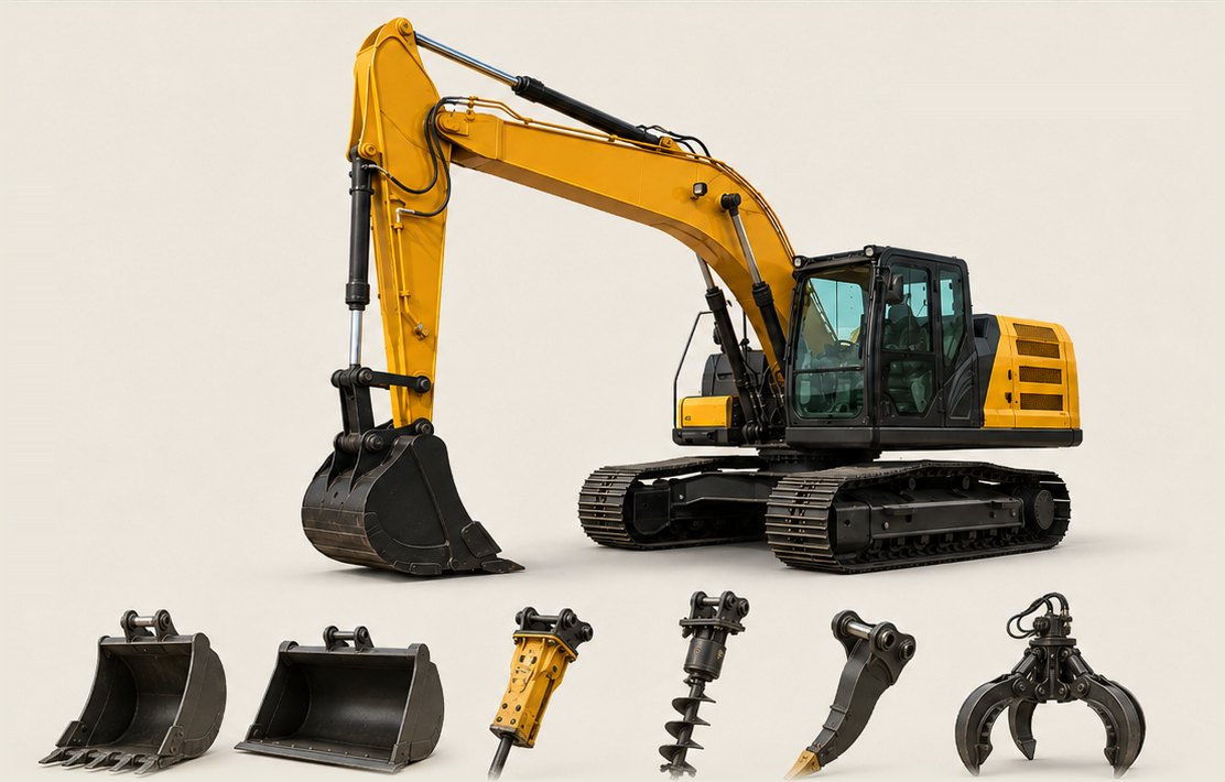 Yellow excavator with a row of attachments: buckets, breaker, auger, ripper and grab