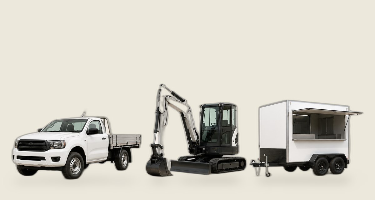 White single-cab ute, mini excavator and mobile food trailer lined up