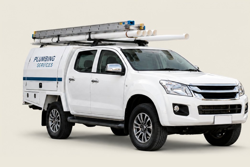 White dual-cab plumber's ute with service body, roof rack, ladder and PVC pipes