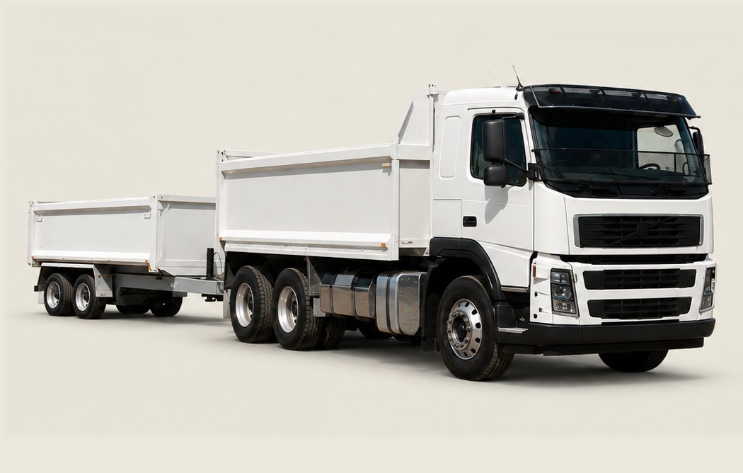 White tipper truck with matching dog trailer